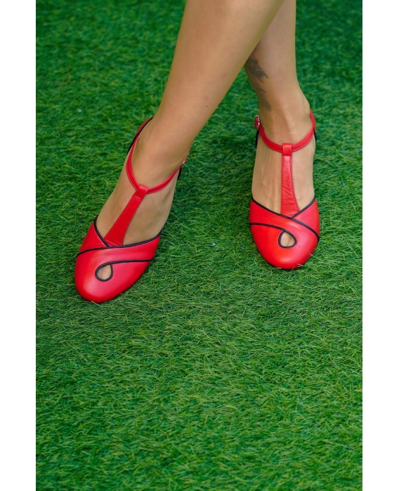 Exquisite red leather T-strap high heels