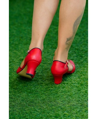 Exquisite red leather T-strap high heels