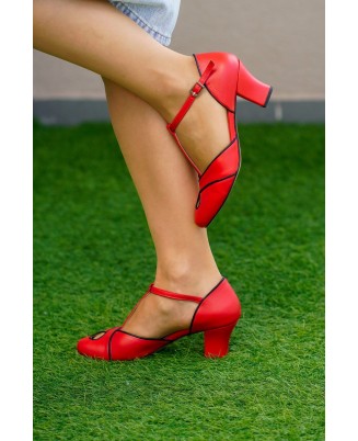 Exquisite red leather T-strap high heels