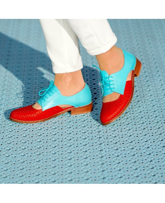 Turquoise & Red Genuine Leather Lace-Up Shoes