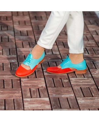Turquoise & Red Genuine Leather Lace-Up Shoes