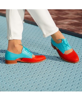 Turquoise & Red Genuine Leather Lace-Up Shoes