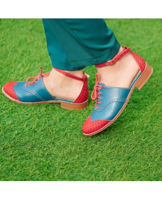 Teal & Red Genuine Leather Lace-Up Shoes