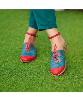 Teal & Red Genuine Leather Lace-Up Shoes