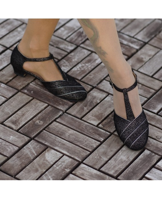 Black Glitter Genuine Leather T-Strap Shoes