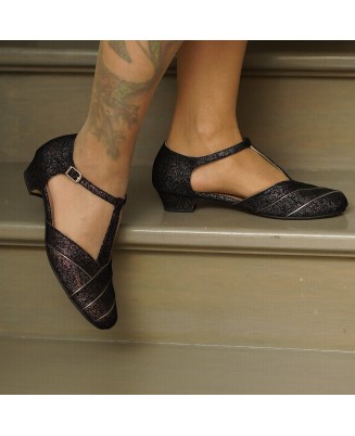 Black Glitter Genuine Leather T-Strap Shoes