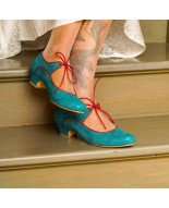 Teal Genuine Leather Lace-Up Shoes with Red Trim