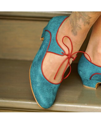 Teal Genuine Leather Lace-Up Shoes with Red Trim
