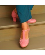 Pink Genuine Leather T-Strap Heels