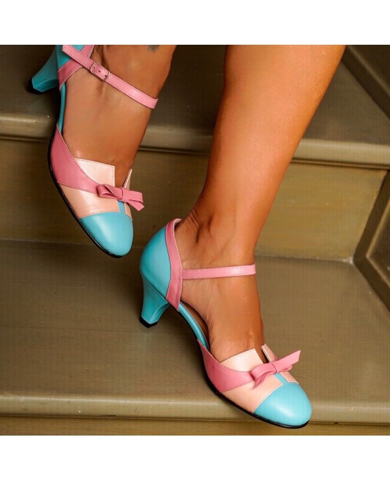 Pink & Blue Genuine Leather Bow Heels