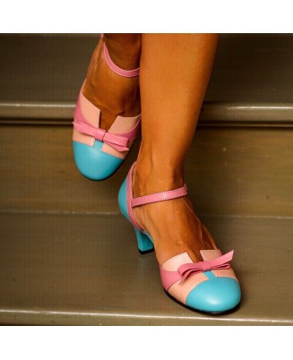 Pink & Blue Genuine Leather Bow Heels