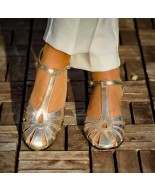 Golden Genuine Leather T-Strap Heels