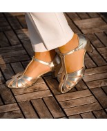 Golden Genuine Leather T-Strap Heels
