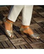 Golden Genuine Leather T-Strap Heels