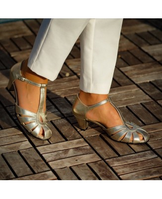 Golden Genuine Leather T-Strap Heels