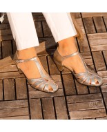 Golden Genuine Leather T-Strap Heels